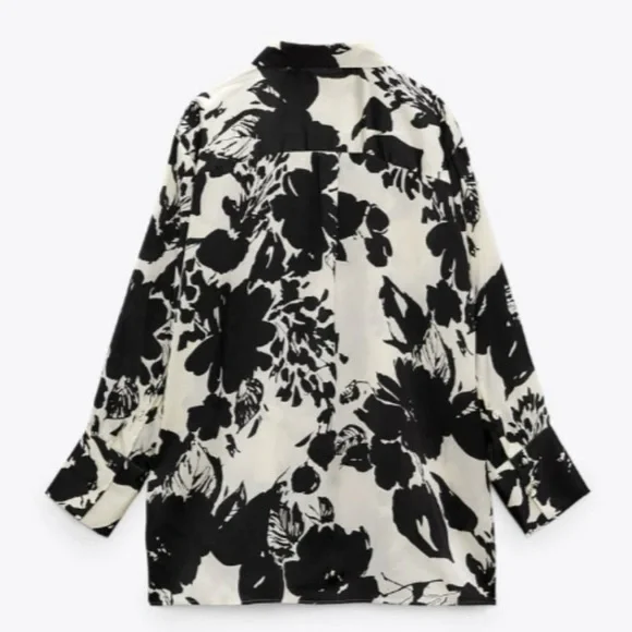 Zara Floral Print Button Down Silk Shirt in Ecru / Black Size M - Picture 15 of 16